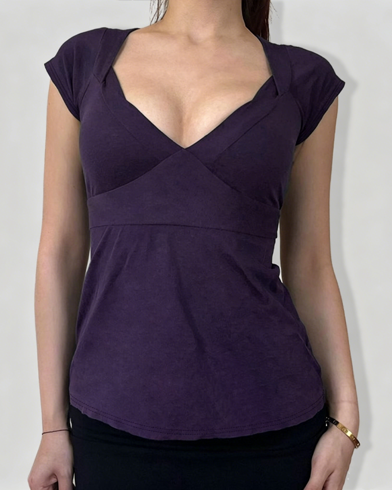 V-Neck Cross Wrap Cinched Waist Tie-Back Short Sleeve Top