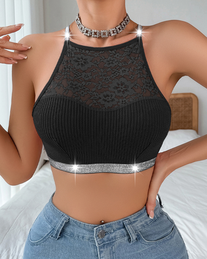 Metallic High-Neck Lace Backless Bra