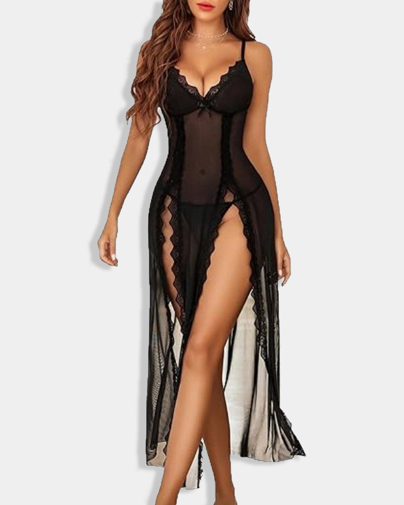 Mesh Printed Cami Dress Set, Lace Split Long Dress with Thong