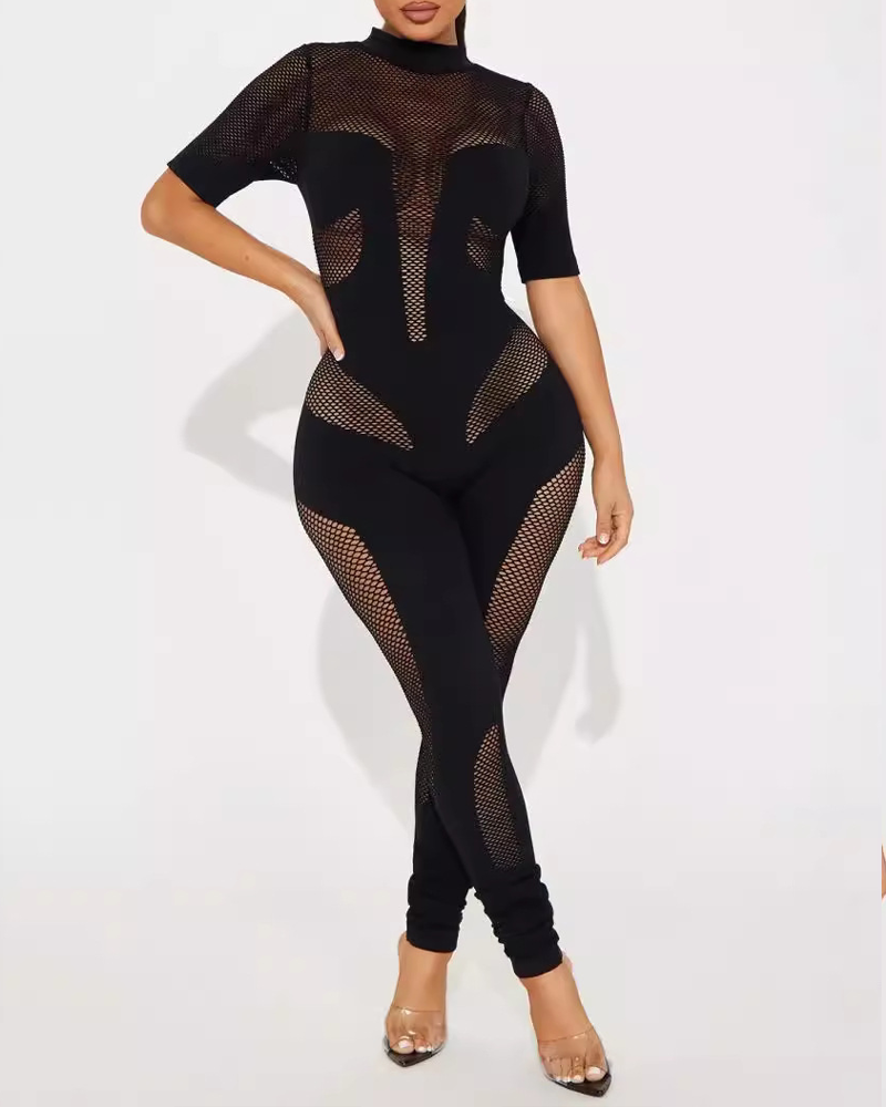Sheer Mesh Panel High Neck Jumpsuit