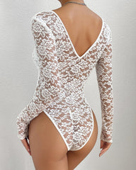 Floral Lace Sheer Long Sleeve Bodysuit V Neck Slim Fit Thong Body Shaper