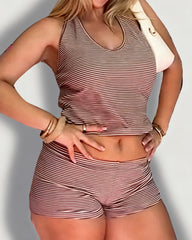 Striped Small Fresh Open Back Casual Body Shaping Shorts Set