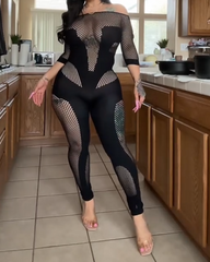 Sheer Mesh Panel High Neck Jumpsuit