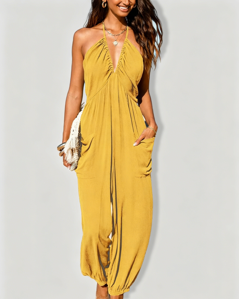 Beach Vacation Deep V Halter Sleeveless Ruched Pocket Tie-Back Wide Leg Jogger Jumpsuit