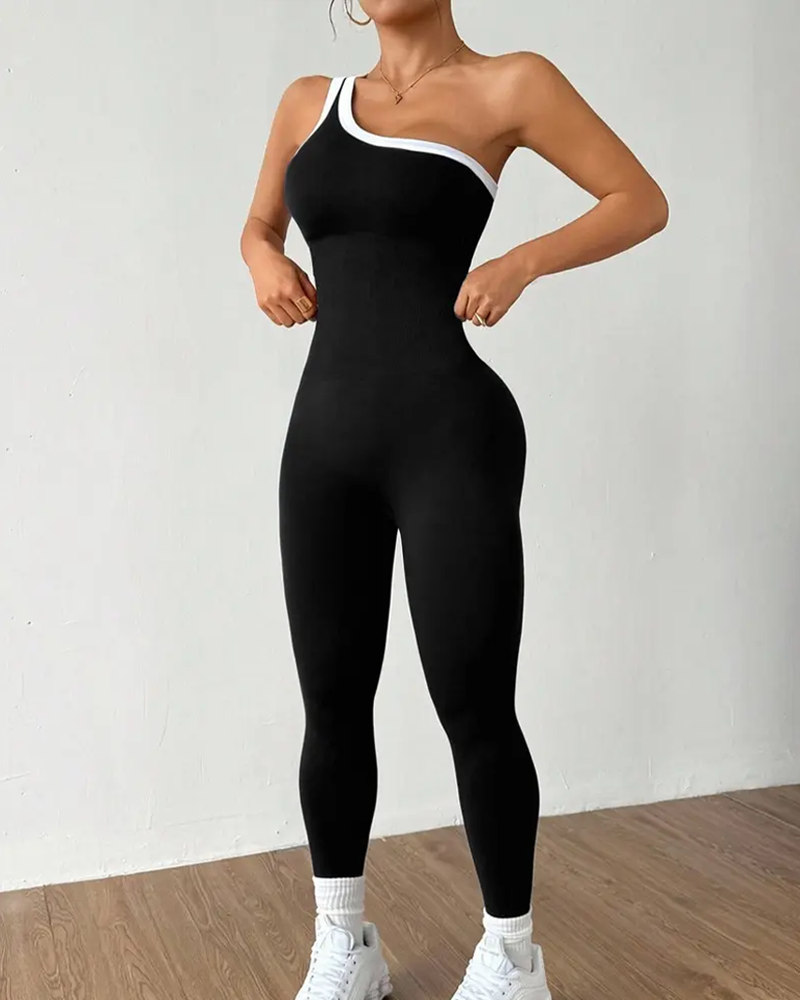 Stylish Slim-Fit Color-Blocked Asymmetrical Neckline Knit Yoga Jumpsuit