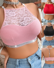 Metallic High-Neck Lace Backless Bra