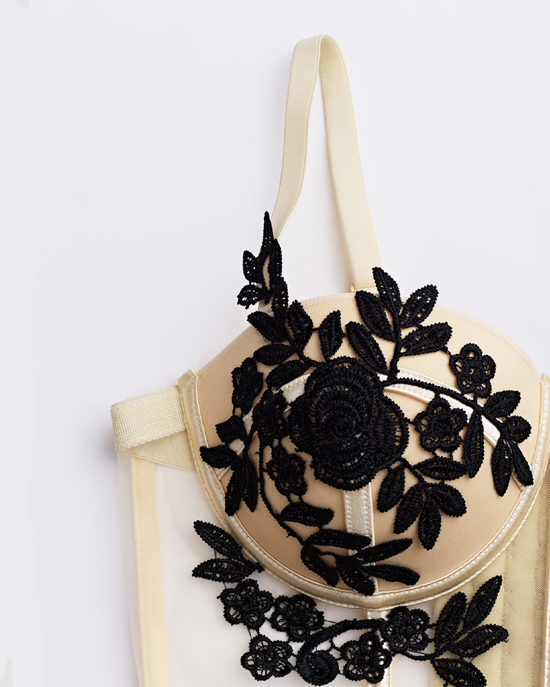 Lace Mesh Embroidered Flower Fishbone Corset