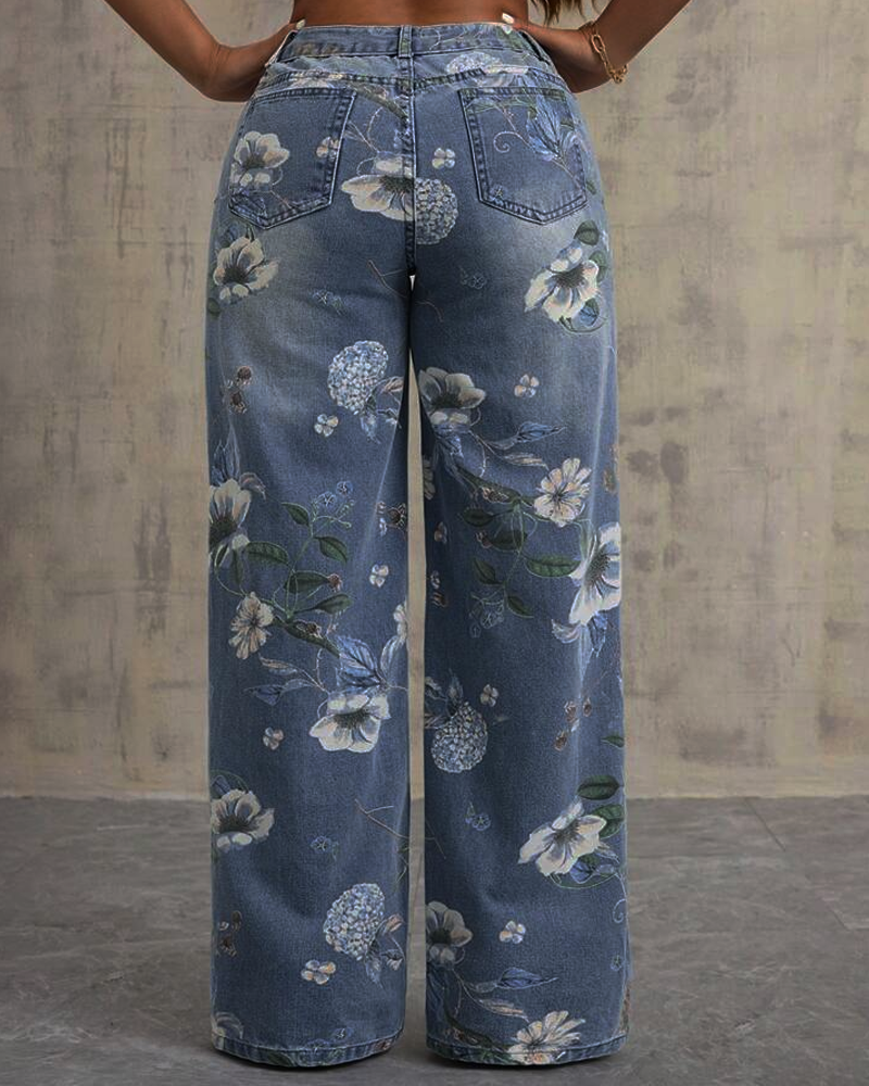 High Waist Straight Leg Printed Jeans