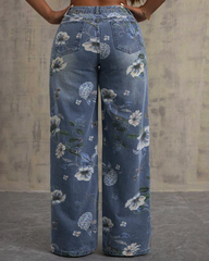 High Waist Straight Leg Printed Jeans