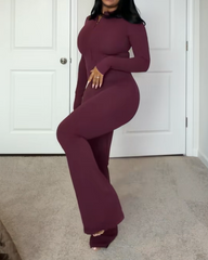 Long-Sleeved Flared Athletic Zipper Jumpsuit