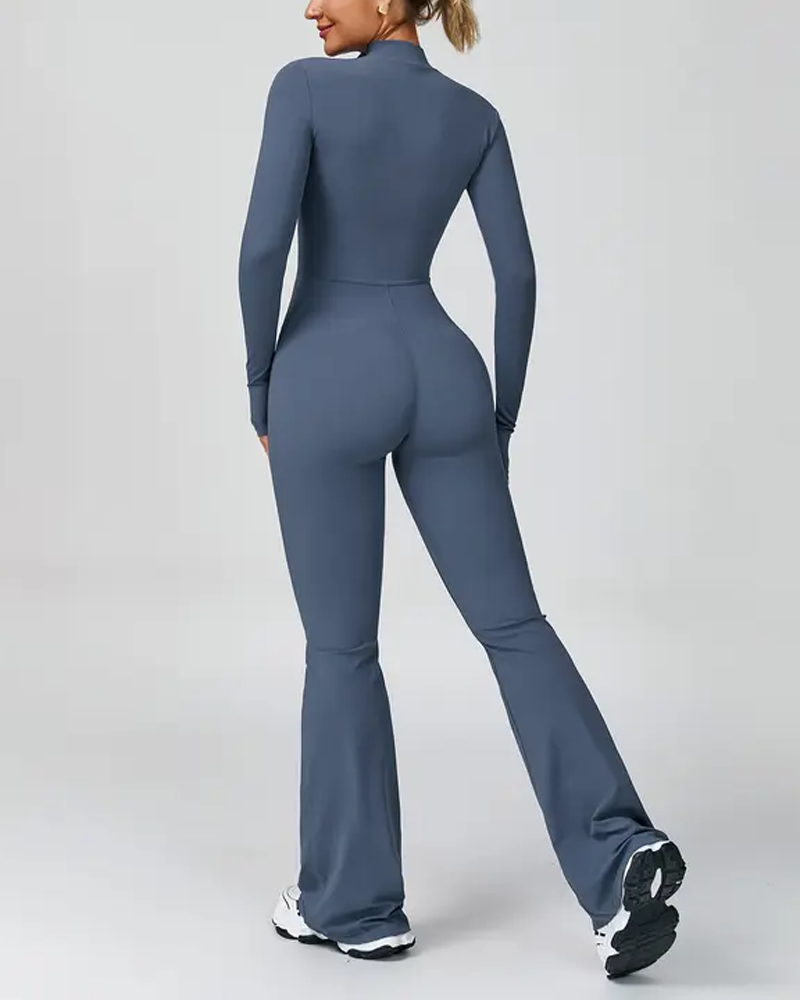 Long-Sleeved Flared Athletic Zipper Jumpsuit