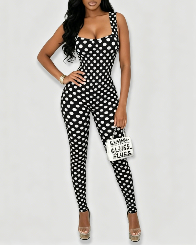 Slim Fit Polka Dot Open Back Sleeveless Bodycon Jumpsuit