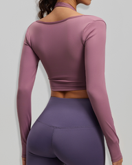 Halter Neck Long Sleeve Workout Crop Top with Built-in Sports Bra