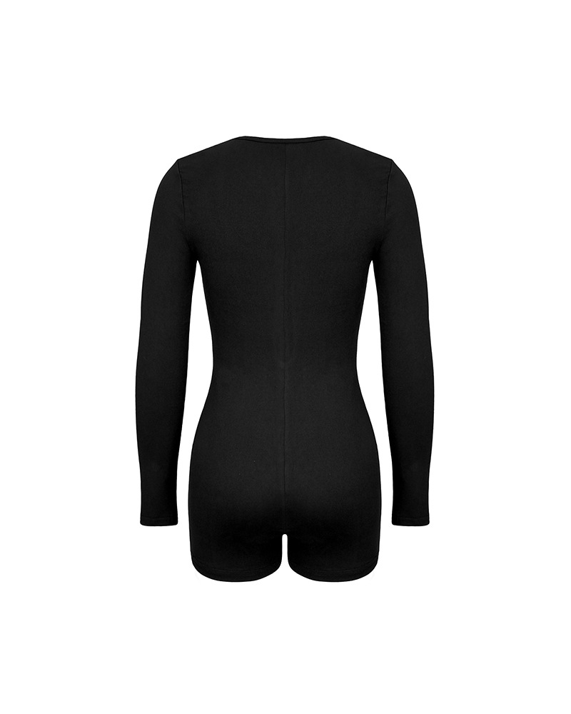 Tight-Fitting Hollowed-Out Round Neck Long-Sleeved Bodysuit