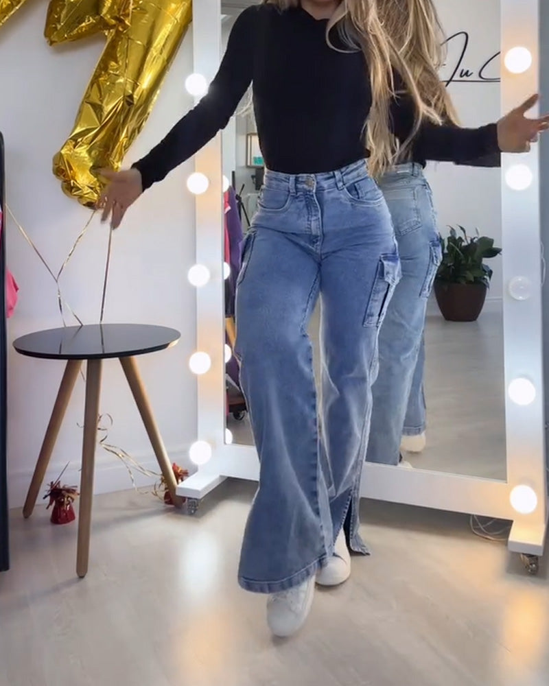 Jeans Cargo Pants for Women Y2K Straight Leg Side Zipper Denim Pants with Pockets Stretch Jeans Streetwear