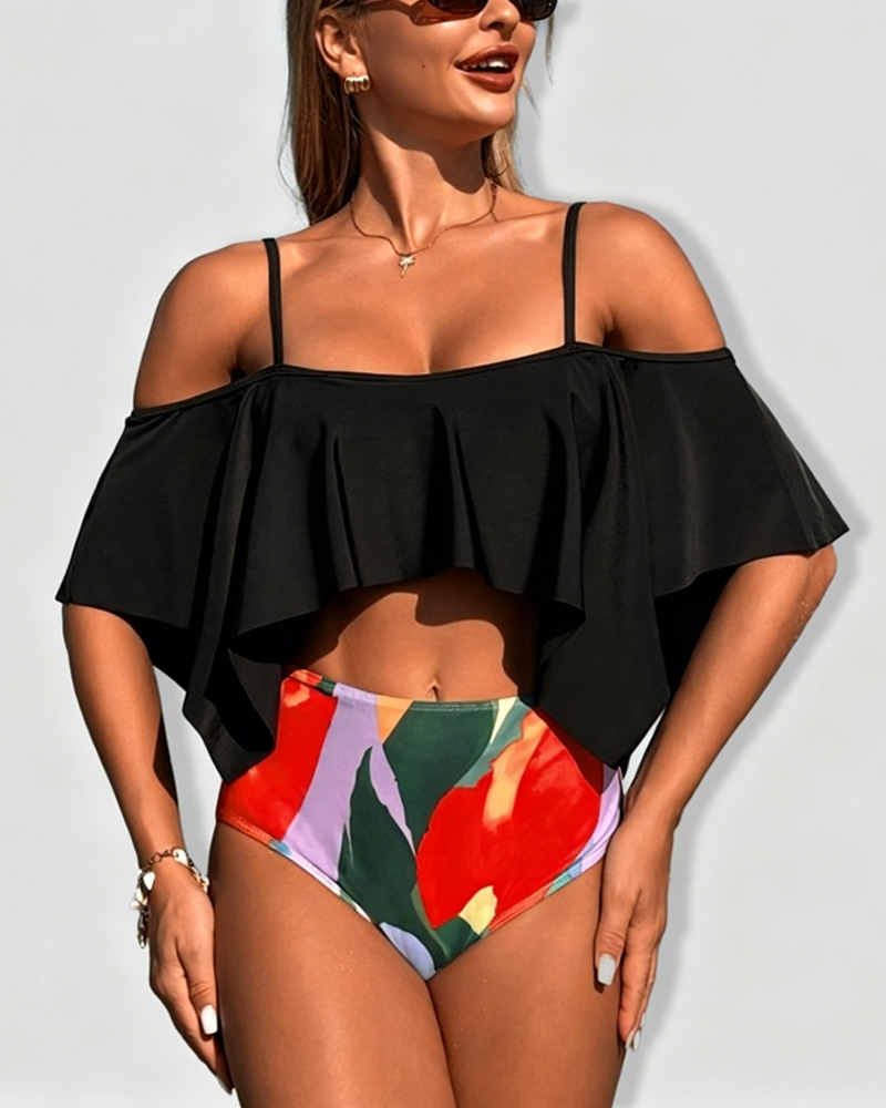 Off Shoulder Ruffle High Waist Printed Two Piece Bikini Swimsuit