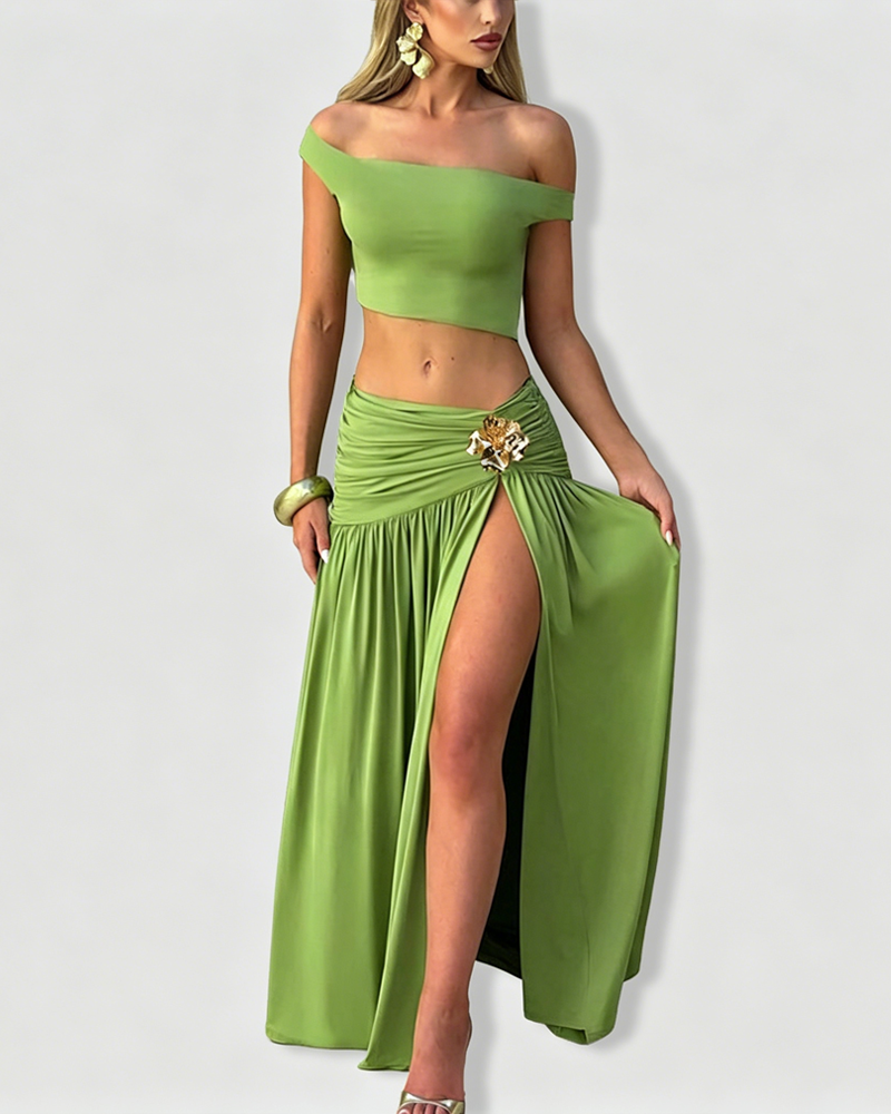 One Shoulder Sleeveless Cami Top & Ruched Side Slit Bodycon Maxi Dress Set
