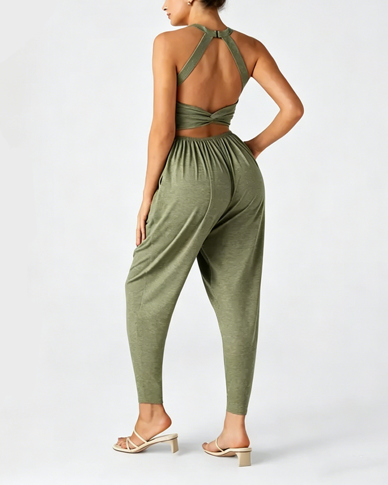 U Neck Harem Casual Jumpsuit with Side Pockets & Open Back Waist Design
