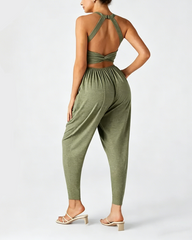 U Neck Harem Casual Jumpsuit with Side Pockets & Open Back Waist Design