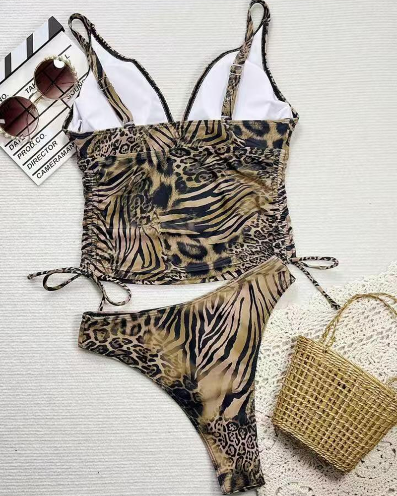 Leopard Print Deep V Side Drawstring Ruched High Cut Two-Piece Bikini Set