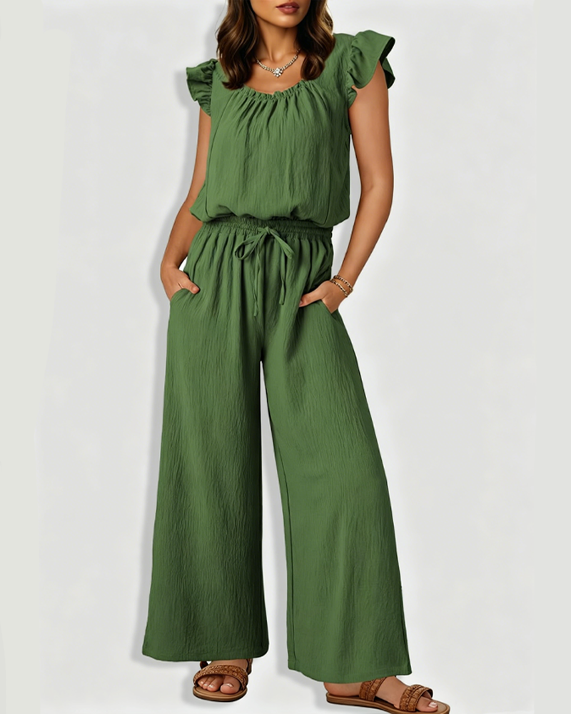 Square Neck Ruffle Sleeve Drawstring Waist Jumpsuit with Pockets