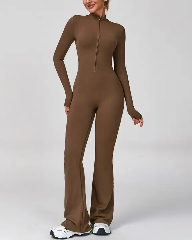 Long-Sleeved Flared Athletic Zipper Jumpsuit