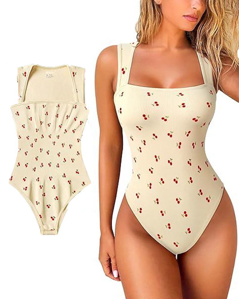 Square Neck Sleeveless Stretch Tummy Control Printed Bodysuit
