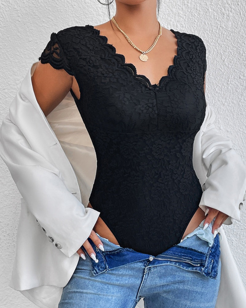 Sexy Deep V Neck Lace Short Sleeve One Piece Bodysuit