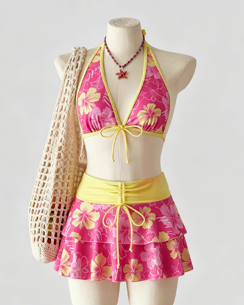 Beach Vacation Halter 3-Piece Skirted Bikini Swimsuit