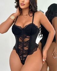 Lace-Trimmed Underwire Mesh Transparent Bodysuit