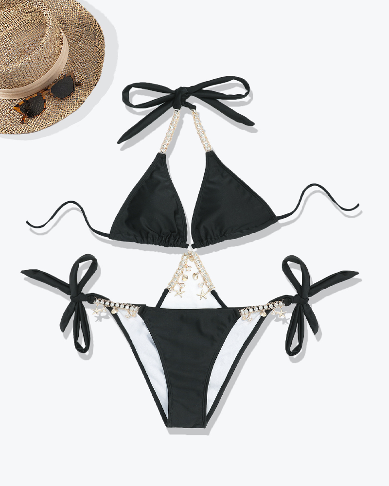 Rhinestone Decor Chain Lace Up Bikini Set
