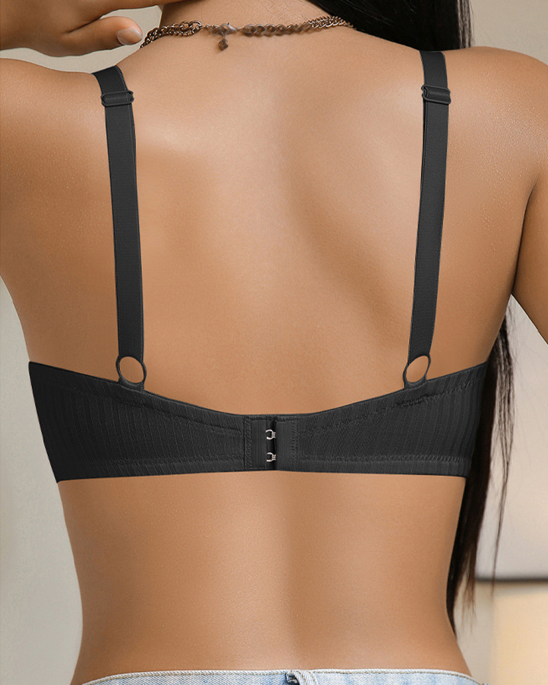 French Inspired Striped Lace Trim Push Up Underwire Bra