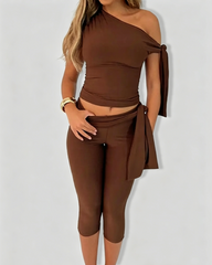 Asymmetric Neckline Tie-Design Form-Fitting Sleeveless Top & High Waist Capri Pants Two-Piece Set