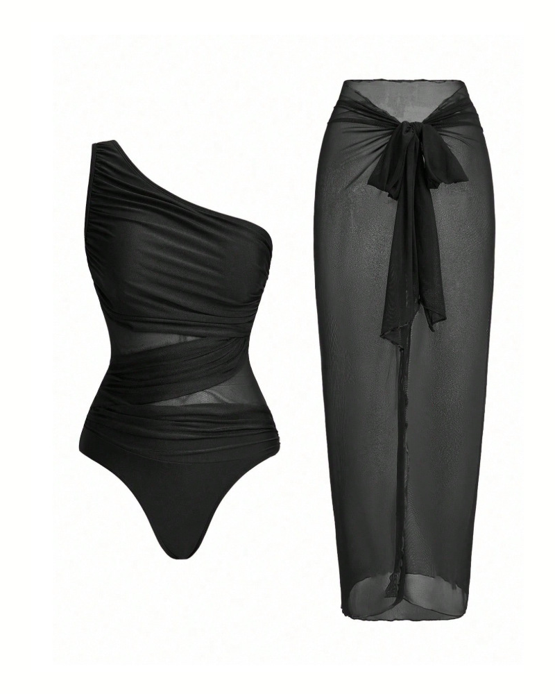 Ruched Mesh Patchwork One Piece Swimsuit with Sarong Skirt