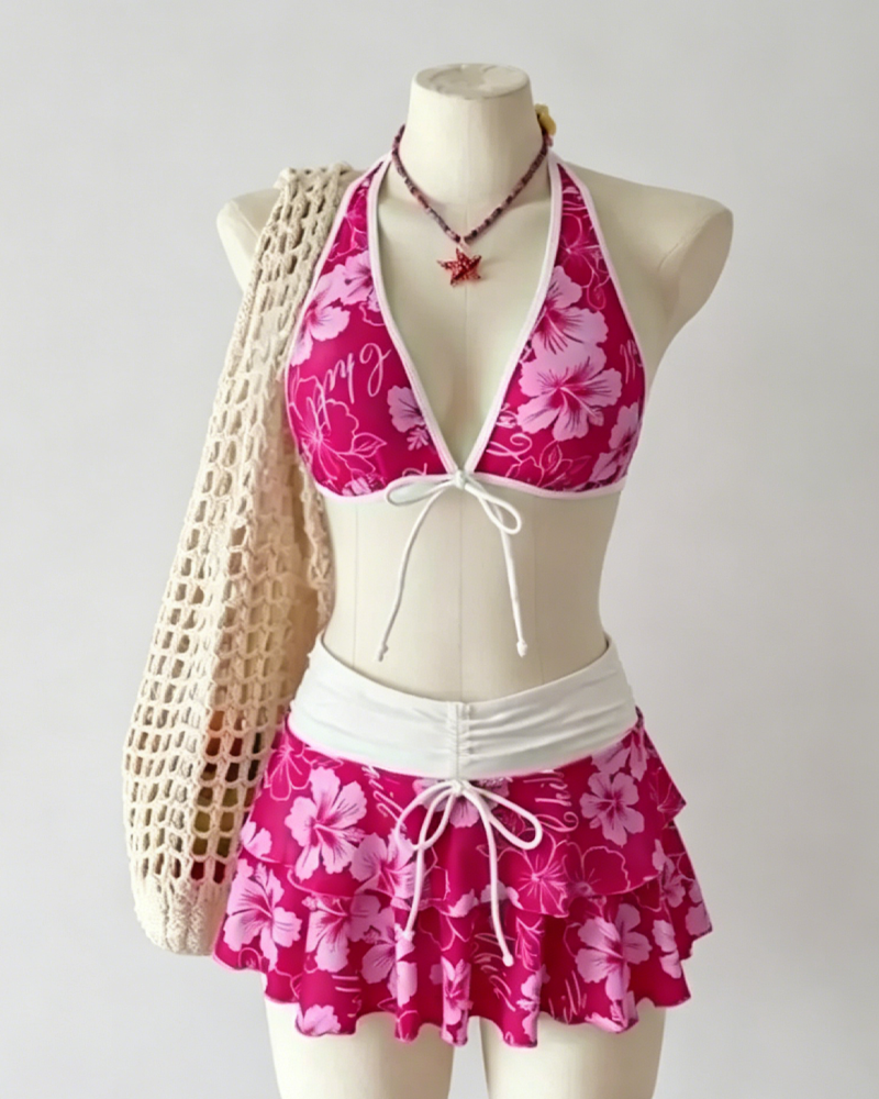 Beach Vacation Halter 3-Piece Skirted Bikini Swimsuit