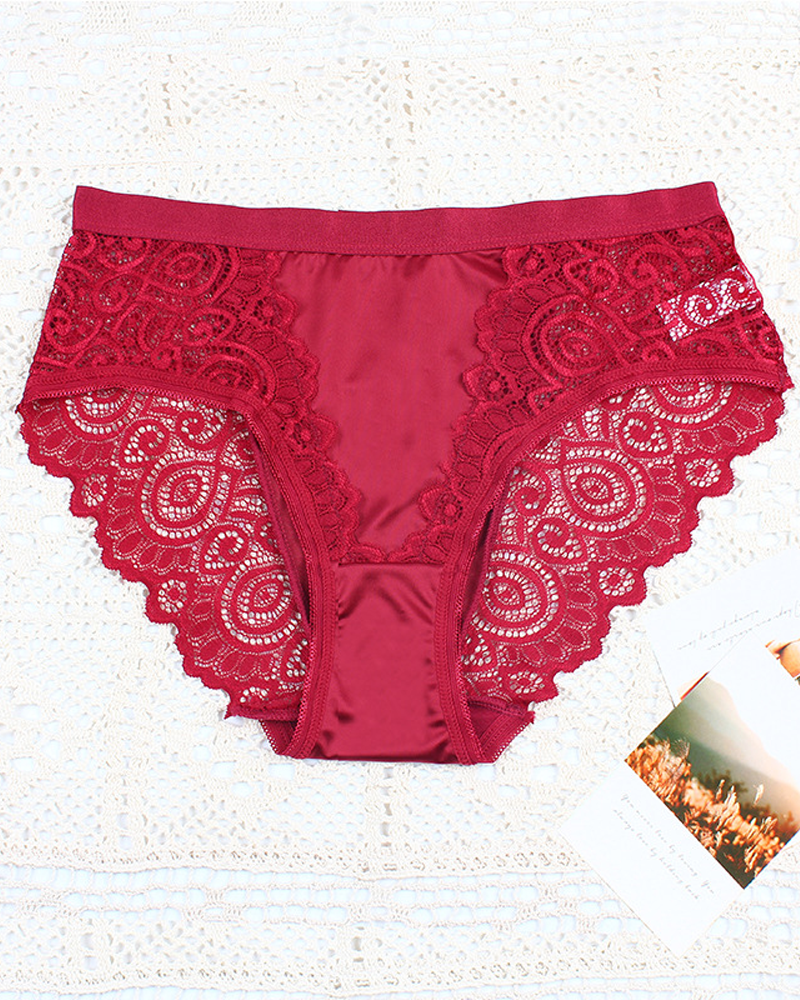 High-Waisted Breathable Color-Blocked Lace Floral Design