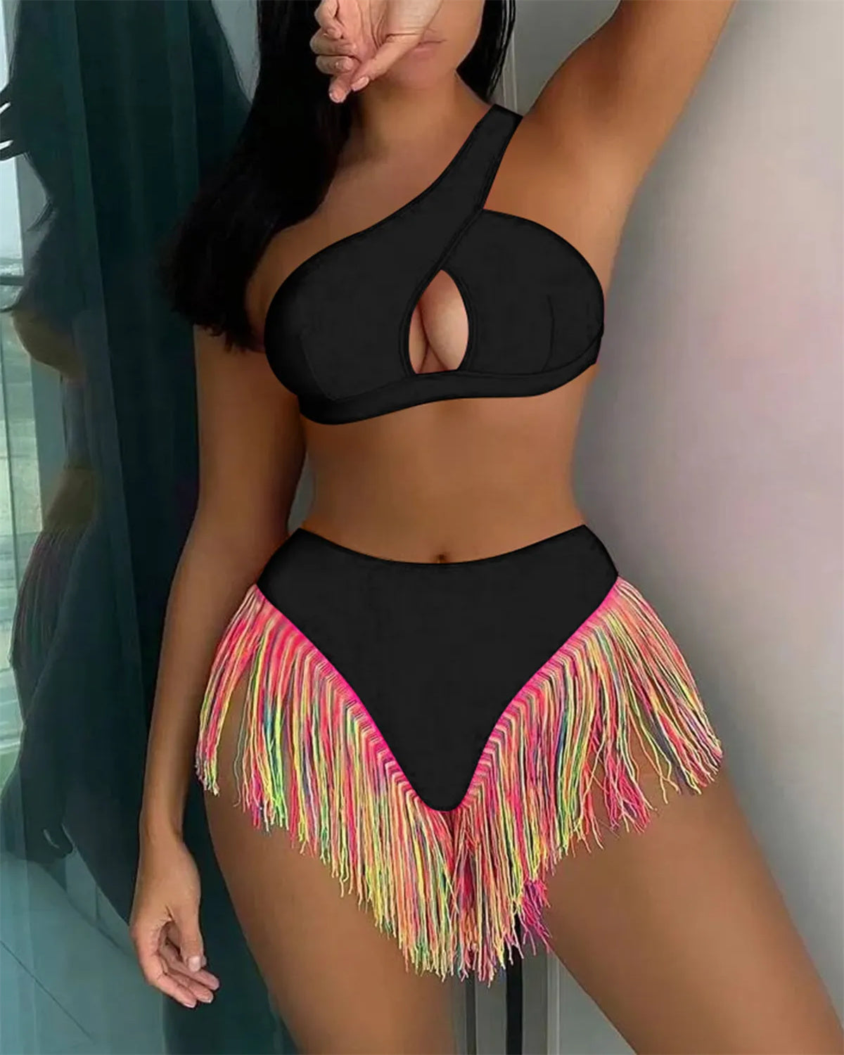 Women's Solid Color Fringe Hem Bikini
