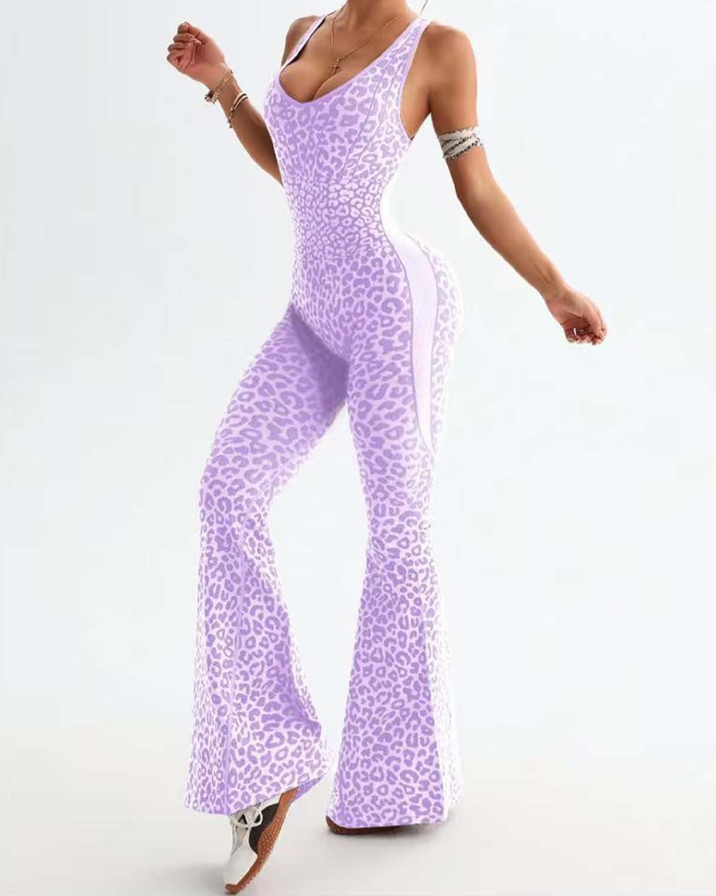 Leopard Print Cross-Back Butt Lifting Flared Jumpsuit