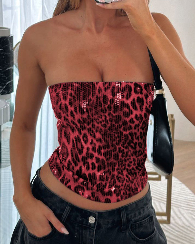 Valentine's Day Limited Sequin Leopard Print Strapless Crop Top