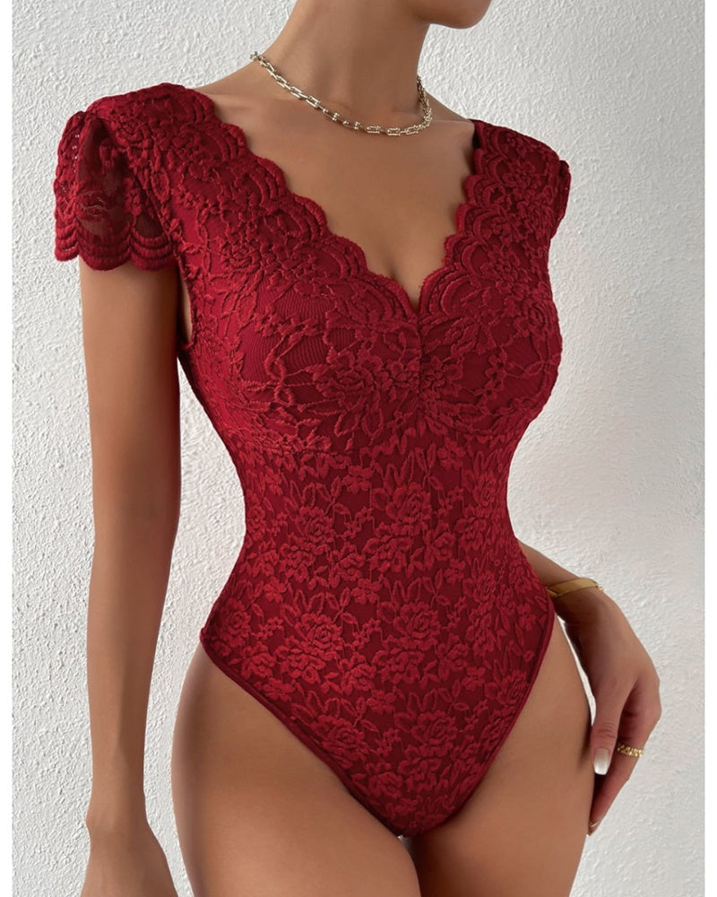 Sexy Deep V Neck Lace Short Sleeve One Piece Bodysuit