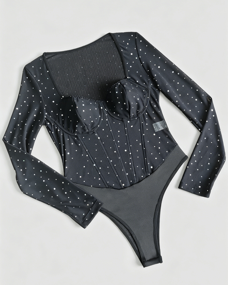Sheer Mesh Shiny Long Sleeve Underwire Tummy Control Jumpsuit