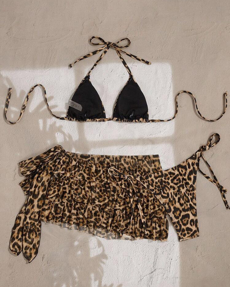 Leopard Print Tie Back Ruffle Hem Skirt Bikini 3 Piece Swimsuit Set
