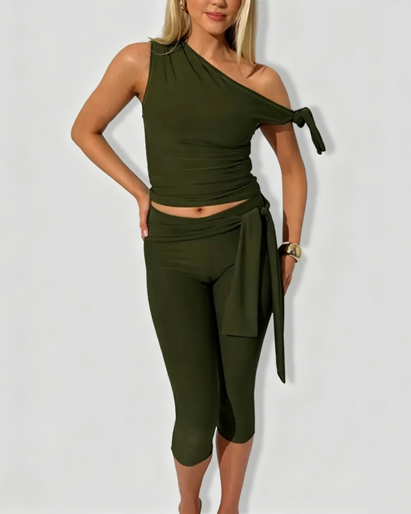 Asymmetric Neckline Tie-Design Form-Fitting Sleeveless Top & High Waist Capri Pants Two-Piece Set