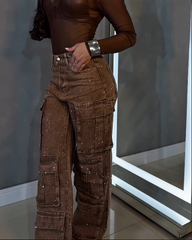 Street Style Casual Jeans With Rhinestone Studded Pockets