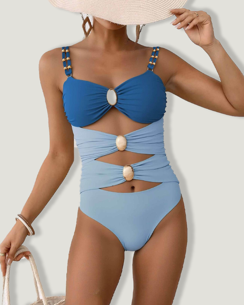 Gold Hardware Cutout Color Block Shaping One Piece Swimwear