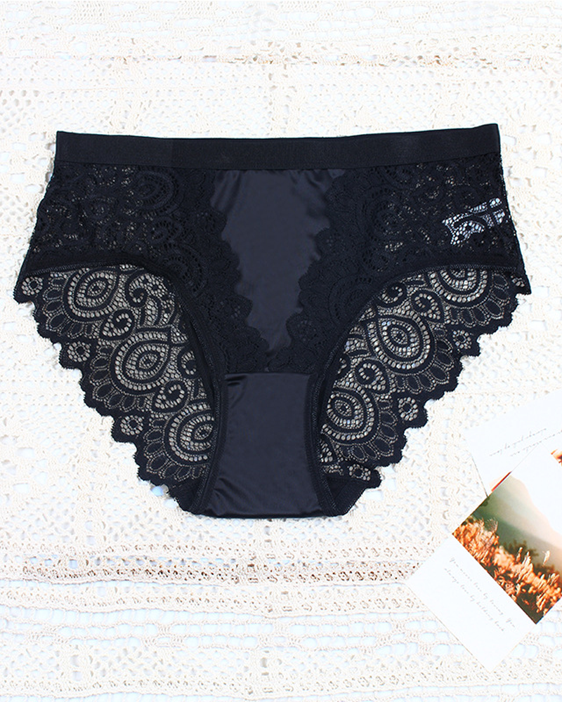 High-Waisted Breathable Color-Blocked Lace Floral Design