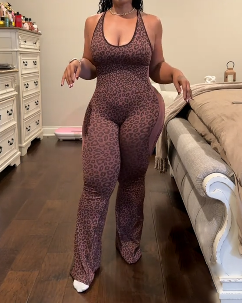 Leopard Print Cross-Back Butt Lifting Flared Jumpsuit
