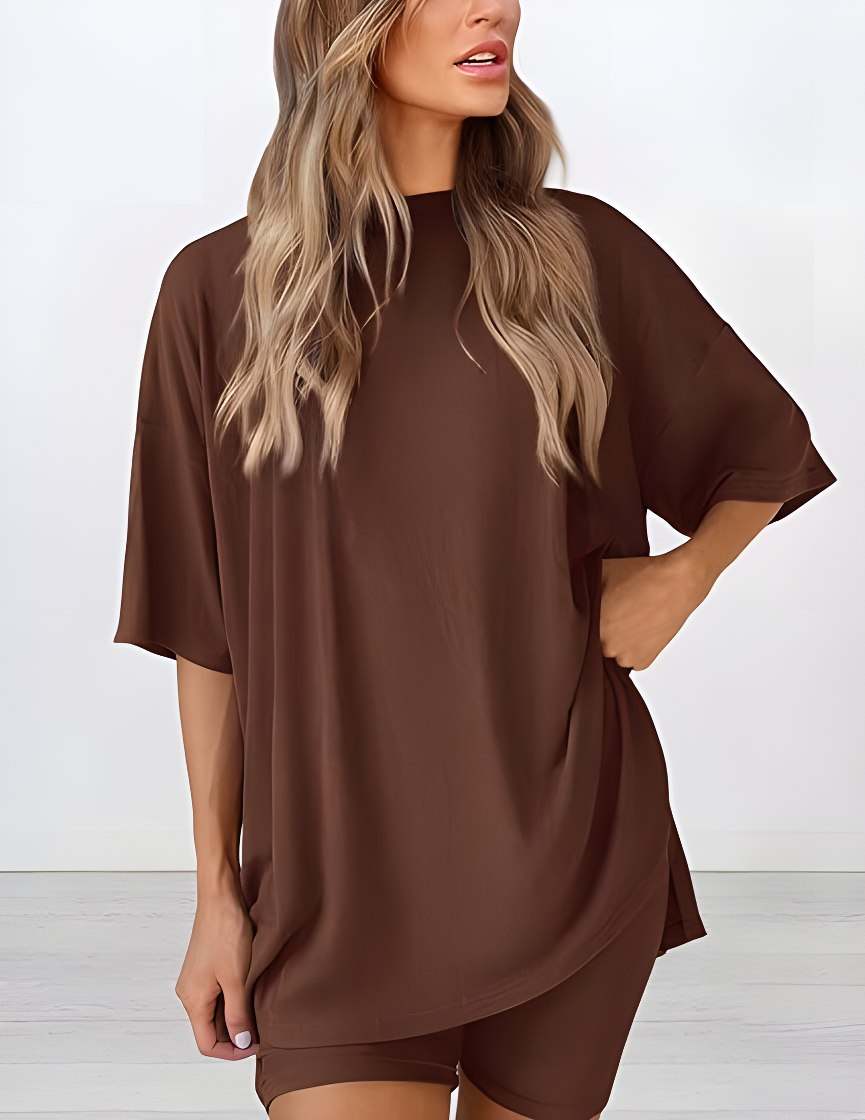 Women's Summer Casual Two-Piece Lounge Set Oversized Split Hem Shirt
