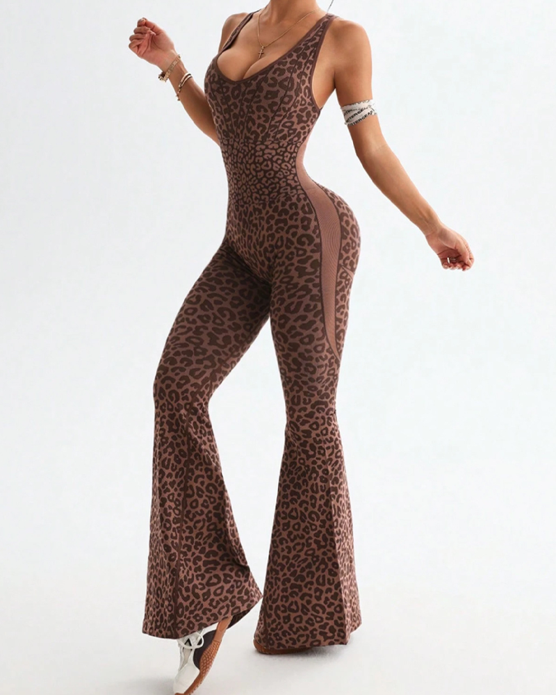 Leopard Print Cross-Back Butt Lifting Flared Jumpsuit
