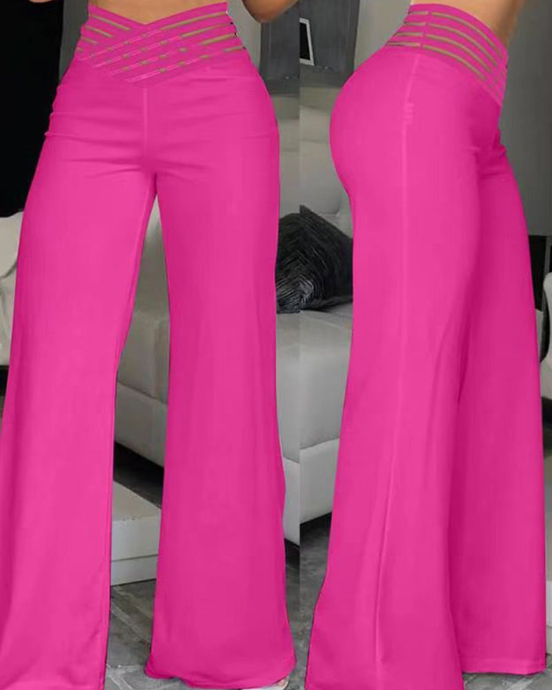 Pants Wide Leg Y2k High Waist Pants Sexy Crisscross Sheer Mesh Office Chic Flared Trousers Spicy Kpop Street Casual Korean Female Pant